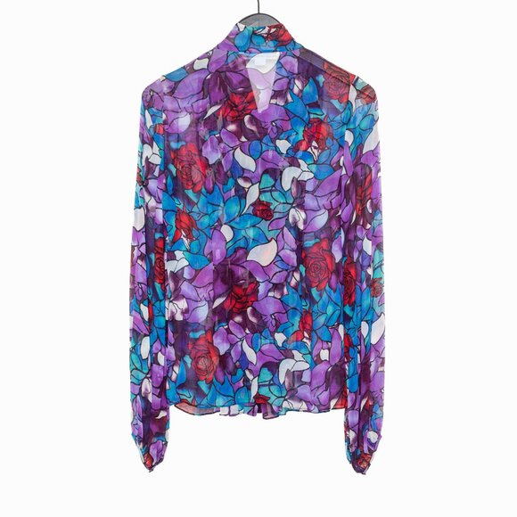 🌹 Diane von Furstenberg Stained Glass Floral Rose Silk Blouse - Purple Blue Red - Picture 3 of 13